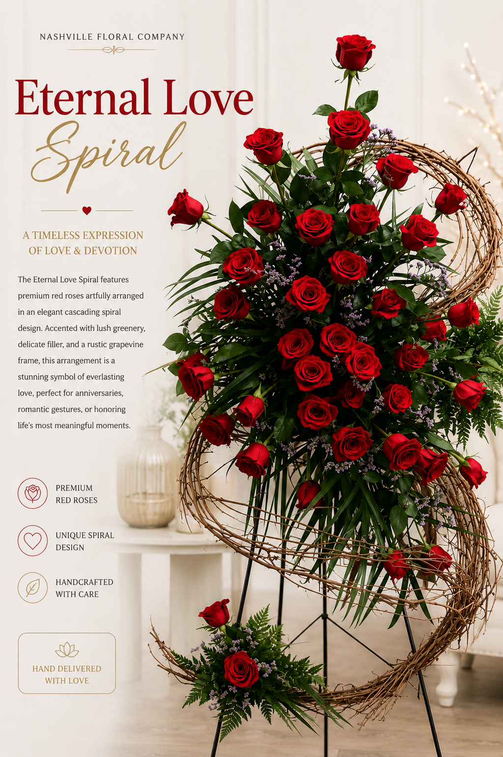 A floral arrangement product graphic for the 'Eternal Love Spiral' by Nashville Floral Company. The spiral arrangement features a dense cluster of vibrant red roses, green foliage, and small purple filler flowers, wrapped in a rustic brown vine frame on a black metal stand.