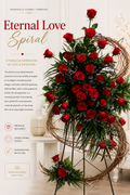 A floral arrangement product graphic for the 'Eternal Love Spiral' by Nashville Floral Company. The spiral arrangement features a dense cluster of vibrant red roses, green foliage, and small purple filler flowers, wrapped in a rustic brown vine frame on a black metal stand.