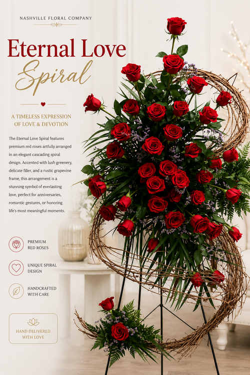 A floral arrangement product graphic for the 'Eternal Love Spiral' by Nashville Floral Company. The spiral arrangement features a dense cluster of vibrant red roses, green foliage, and small purple filler flowers, wrapped in a rustic brown vine frame on a black metal stand.