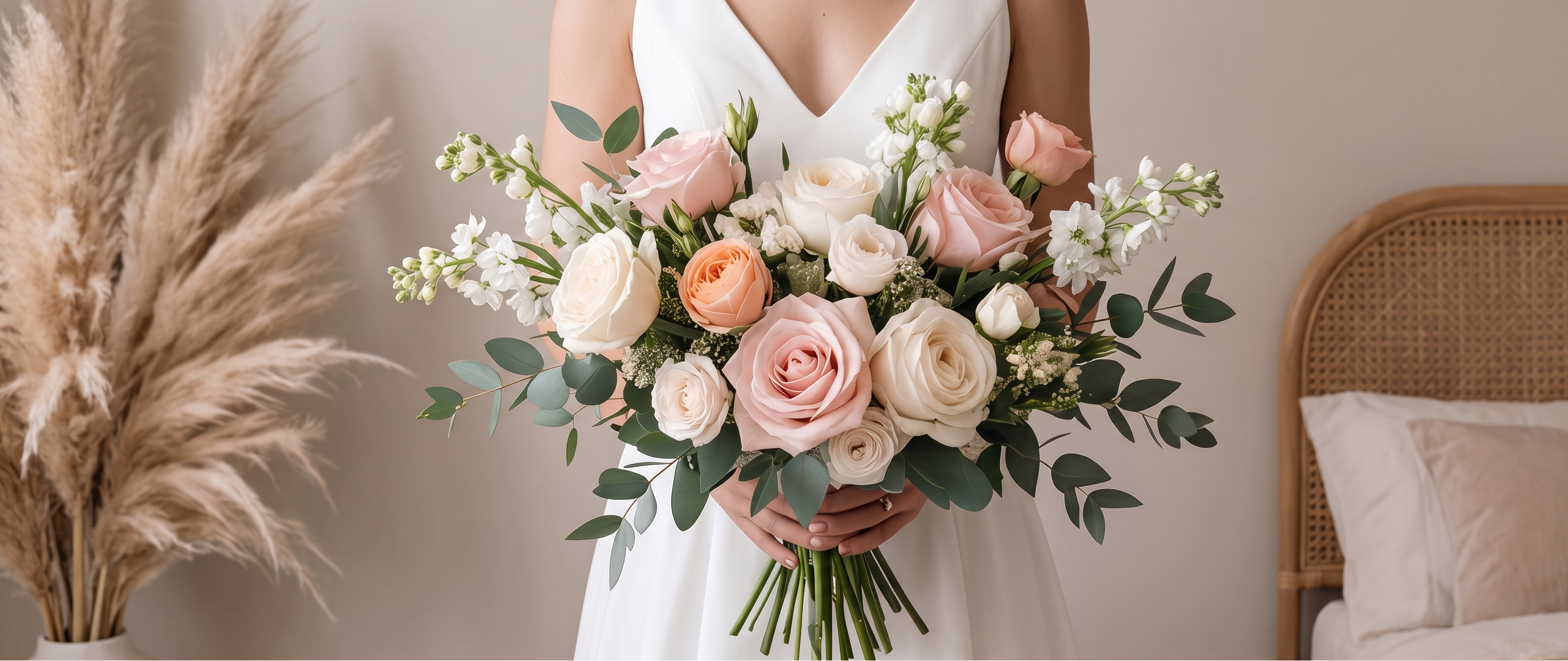 Bride holding a bouquet of flowers in a bedroom setting