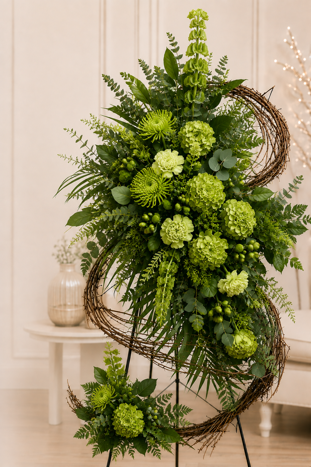 Large green floral arrangement with mixed foliage and round flower heads, displayed on a black stand in an indoor room with a small table and vase in the background.