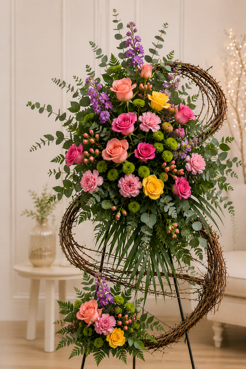 A large floral arrangement in a spiral-shaped rustic wicker frame, featuring pink and yellow roses, purple flowers, green foliage, and small berry accents, displayed indoors on a stand against a softly lit neutral room.