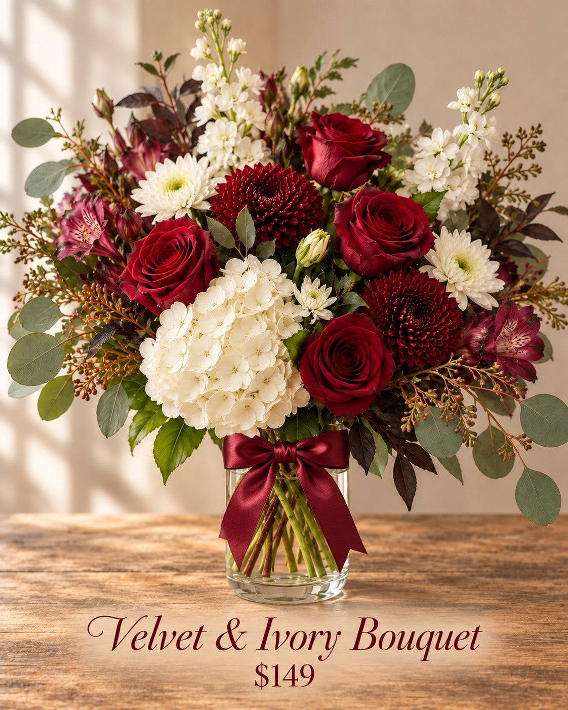 Velvet & Ivory Bouquet — Burgundy Roses & Cream Blooms