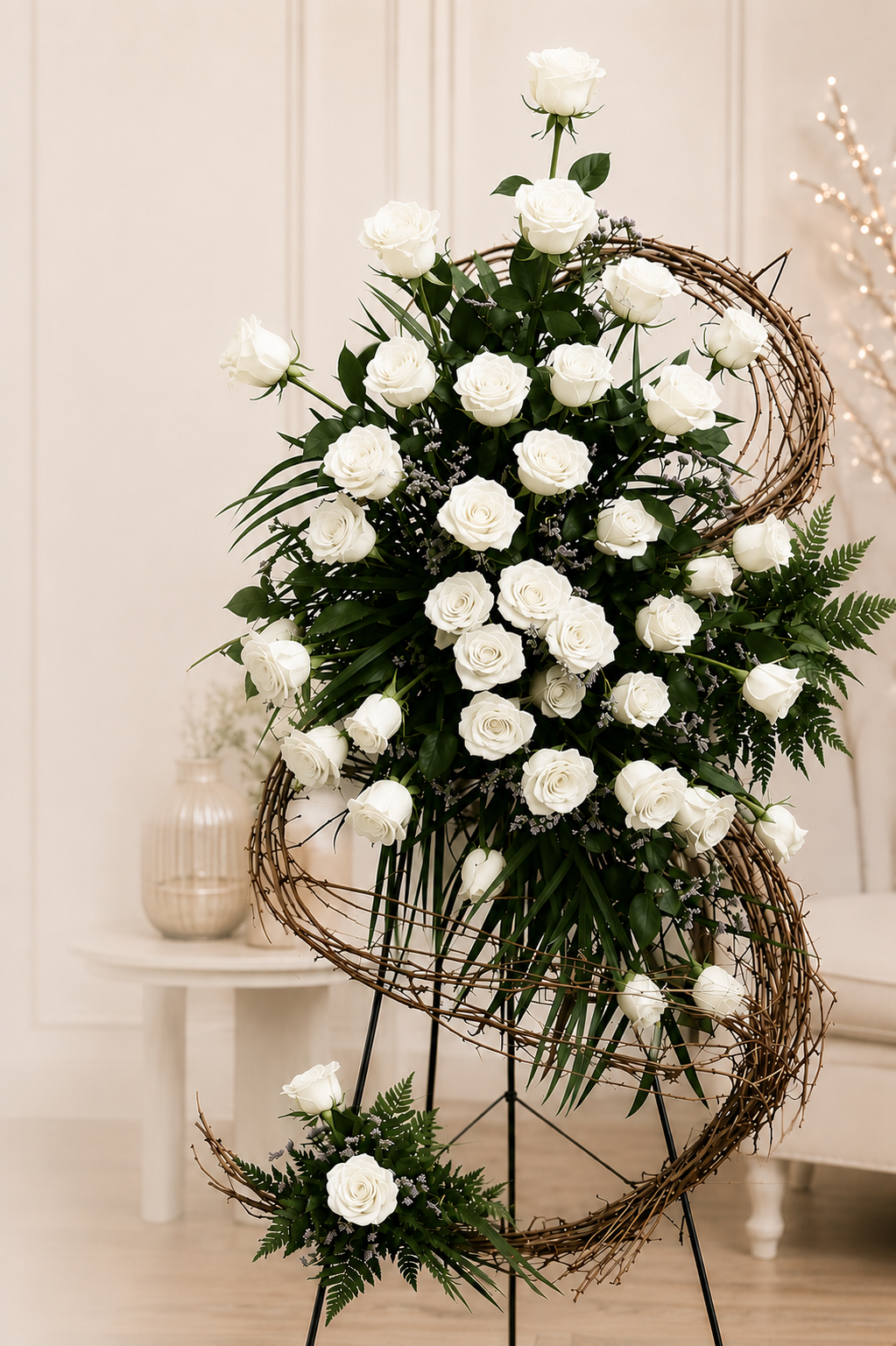 Large floral arrangement featuring white roses and green foliage displayed on a black metal stand with a decorative wicker frame, set in a softly lit indoor room.