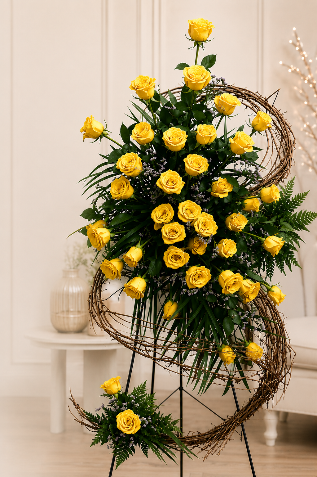 A large floral arrangement of yellow roses with green foliage and small purple filler flowers, displayed on a black metal stand in an indoor room setting.