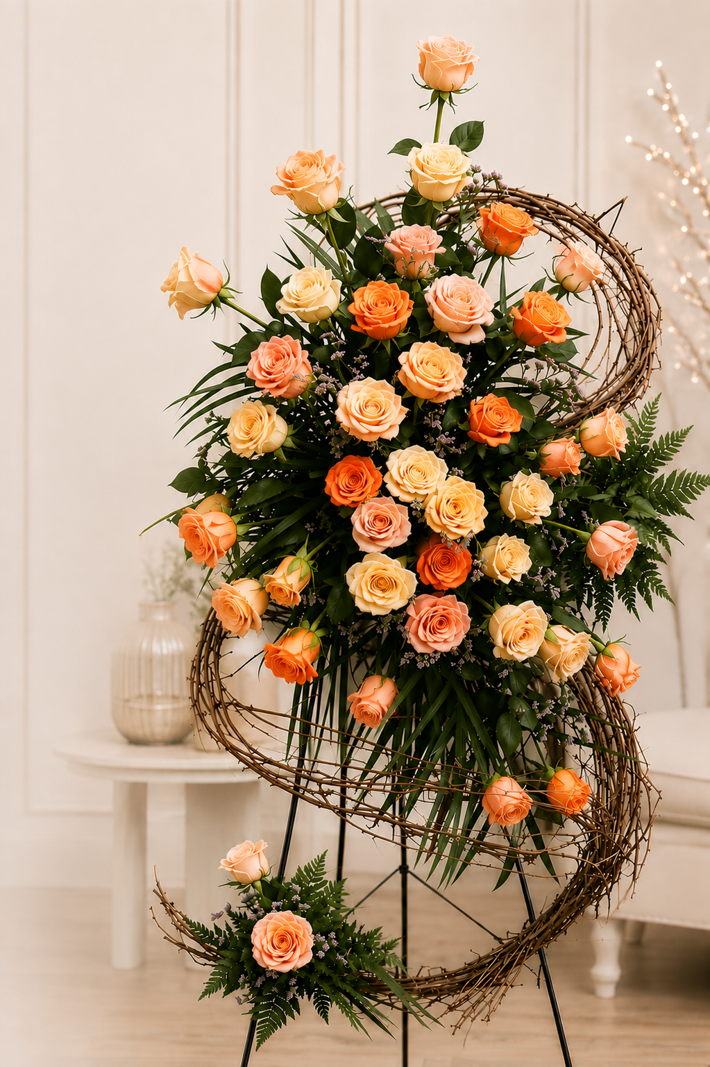 Large floral arrangement on a black metal stand, featuring peach and orange roses with green foliage and a rustic circular vine frame, set in an indoor room with a white table and paneled wall.