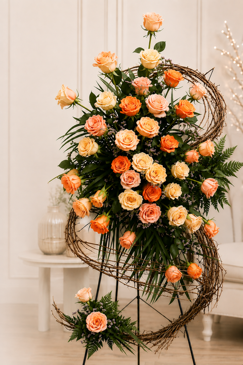 Large floral arrangement on a black metal stand, featuring peach and orange roses with green foliage and a rustic circular vine frame, set in an indoor room with a white table and paneled wall.